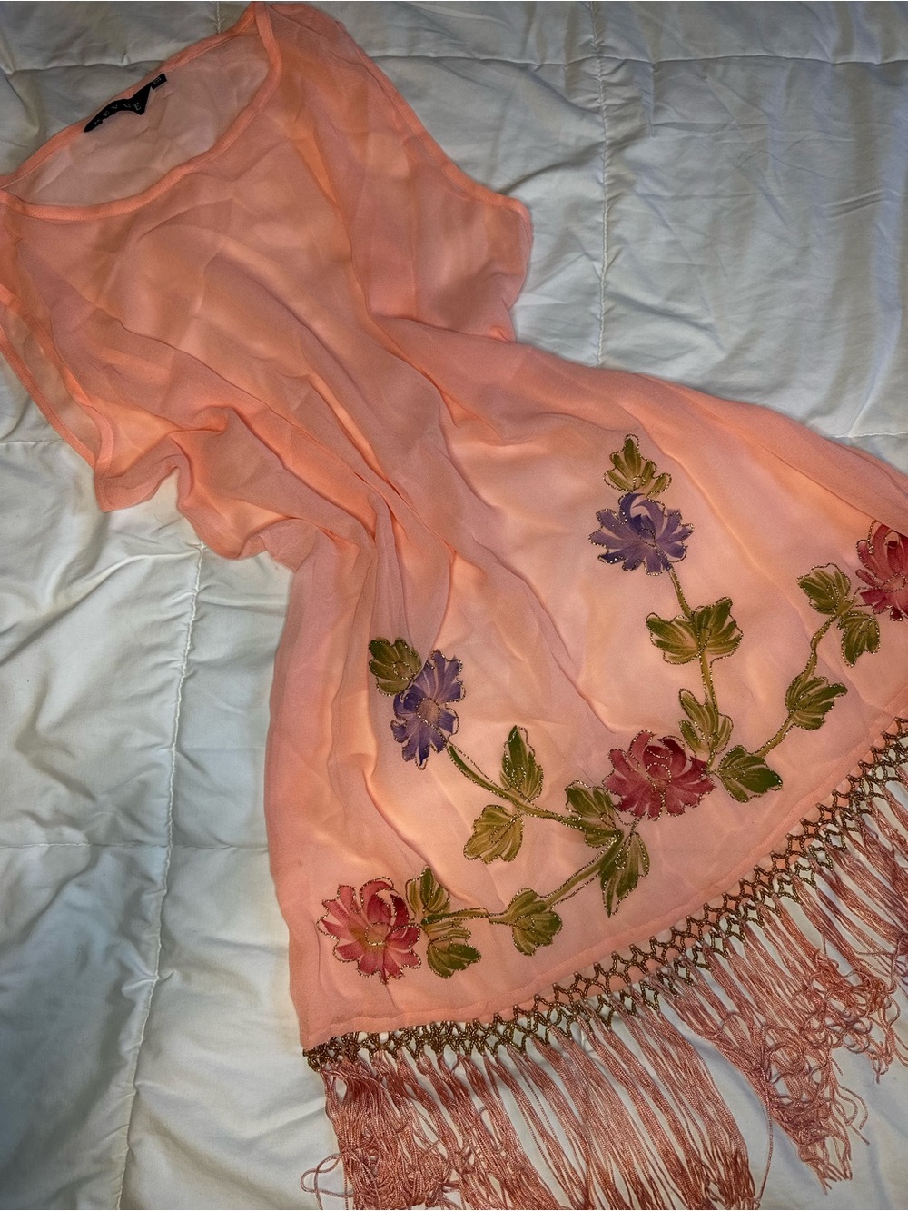 Peach Floral Embroidered Fringe Dress